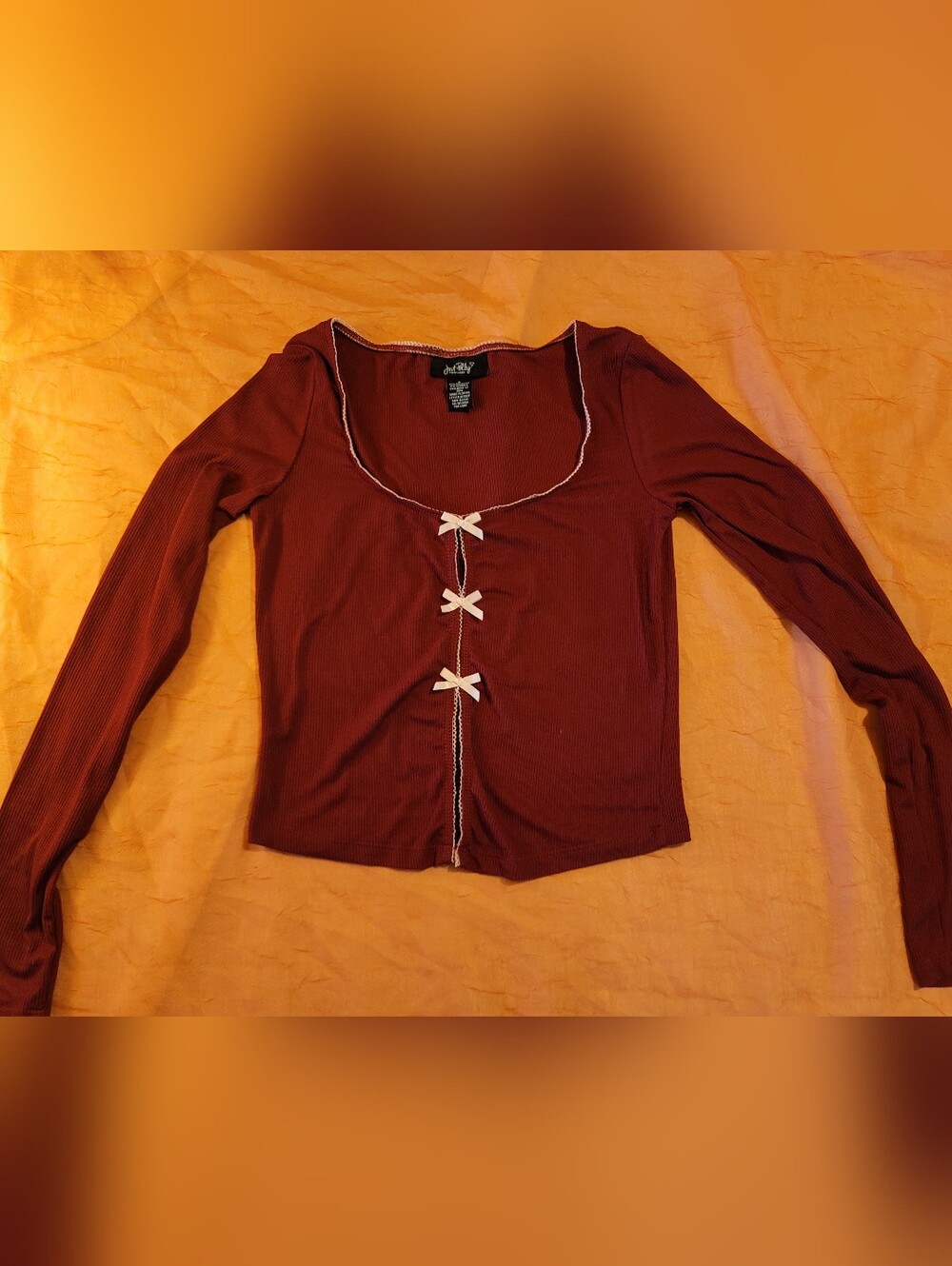 Just Polly Burgundy Ribbed Long-Sleeve Scoop Top with Cream Bow Trim